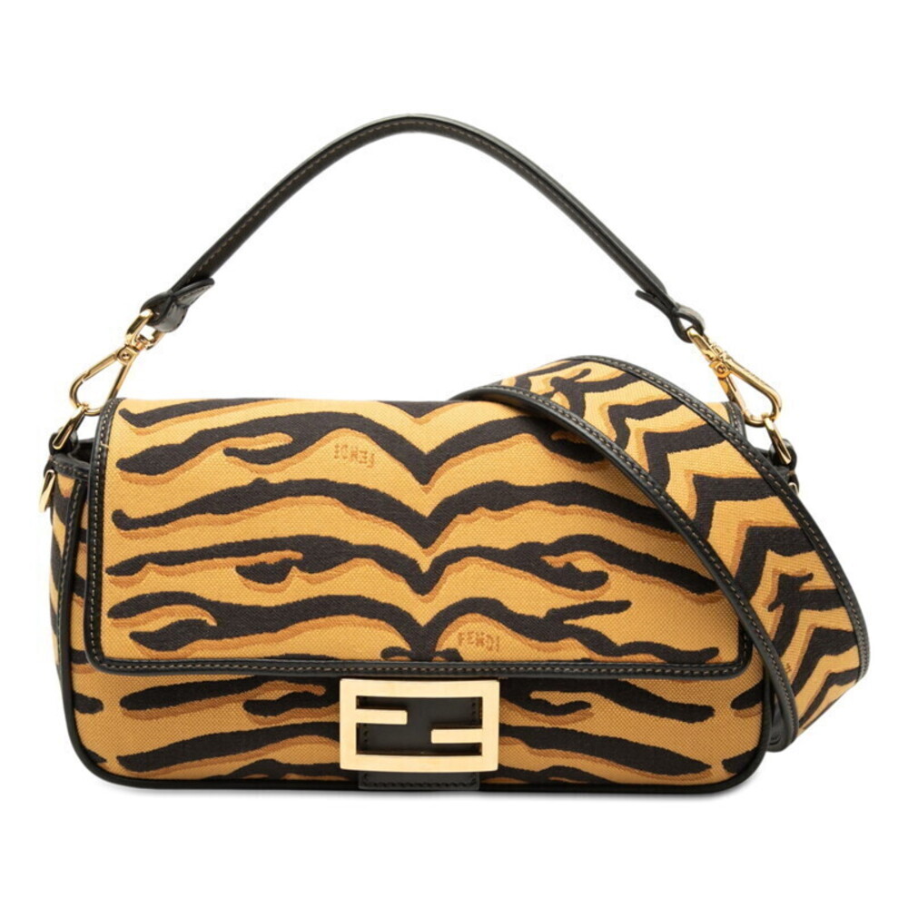 Fendi Mamma Bucket Tiger Handbag Shoulder Bag Yellow Black Canvas Leather